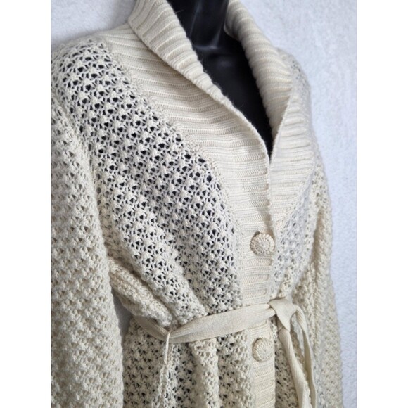 L.L.Bean Wool Angora Sweater L Cream Belted Shawl Collar Button Long Cardigan - Picture 6 of 9